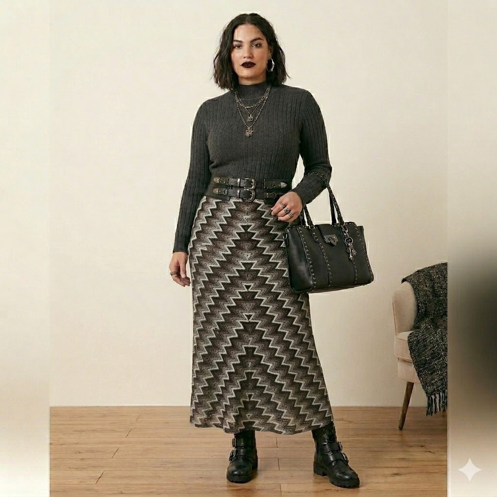 Wayward Fancies eShakti Skirt Womens 1X Brown Chevron Zig Zag Crochet Knit Maxi